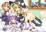  alice_margatroid apron black_dress blue_dress blue_eyes blush book bow breasts capelet character_doll cleavage crescent cup dress hair_ribbon hat hat_bow kirisame_marisa kuzumomo lying medium_breasts mob_cap multiple_girls on_side open_mouth patchouli_knowledge pillow pose purple_dress purple_eyes purple_hair ribbon sash sitting smile striped striped_dress teacup touhou tress_ribbon v waist_apron white_bow window witch_hat 