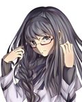  akemi_homura bad_id bad_pixiv_id black_hair braid glasses hair_half_undone hairband hand_in_hair highres long_hair looking_at_viewer magical_girl mahou_shoujo_madoka_magica mochi_(kidding) purple_eyes red-framed_eyewear semi-rimless_eyewear side_braid simple_background solo under-rim_eyewear upper_body white_background 