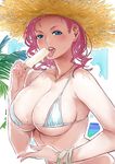  bikini blue_eyes bracelet breasts cleavage food hat huge_breasts jewelry long_hair messy necklace original phallic_symbol pink_hair popsicle sexually_suggestive solo straw_hat swimsuit tongue twinpoo 