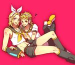  arm_warmers blonde_hair cosplay detached_sleeves giorno_giovanna headphones johnny_joestar jojo_no_kimyou_na_bouken kagamine_len kagamine_len_(cosplay) kagamine_rin kagamine_rin_(cosplay) leg_warmers midriff multiple_boys parody pzqblue steel_ball_run vocaloid 