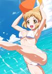  ball beach beachball bikini blush brown_hair cloud day holding holding_ball kicking looking_at_viewer ocean open_mouth orange_eyes outdoors senki_zesshou_symphogear senzoc short_hair side-tie_bikini sky smile solo splashing swimsuit tachibana_hibiki_(symphogear) white_bikini 