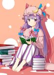  barefoot book book_stack boushi_(nandemo) capelet coat crescent dress hair_ribbon hat highres long_hair long_sleeves looking_at_viewer mob_cap open_clothes open_coat patchouli_knowledge pink_eyes purple_dress purple_hair ribbon sitting solo striped striped_dress touhou tress_ribbon very_long_hair 