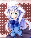  angora_rabbit animal animal_on_head blue_eyes blue_hair blush bunny bunny_on_head gochuumon_wa_usagi_desu_ka? hair_ornament hairclip highres kafuu_chino long_hair long_sleeves on_head rabbit_house_uniform ribbon skirt tippy_(gochiusa) uzu_hi waitress x_hair_ornament 