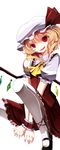  ascot blonde_hair clere fang flandre_scarlet hat long_hair mary_janes open_mouth pantyhose red_eyes red_skirt shoes side_ponytail simple_background skirt smile solo touhou white_background white_legwear wings wrist_cuffs 