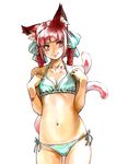  animal_ears bikini bracelet braid cat_ears cat_tail chikuwa_(tks) extra_ears hair_ribbon jewelry kaenbyou_rin multiple_tails navel pointy_ears red_eyes red_hair ribbon side-tie_bikini smile solo swimsuit tail touhou twin_braids 