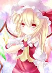  ascot blonde_hair bow dei_(dirmu) fang flandre_scarlet hat hat_bow highres long_hair red_eyes touhou wings wrist_cuffs 