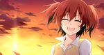  :d ^_^ akuma_no_riddle closed_eyes collarbone ichinose_haru kago-tan open_mouth red_hair school_uniform short_hair smile solo sunset teeth twintails 