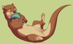  ambiguous_gender cute feral fish green_background green_eyes lying mammal marine mustelid on_back otter plain_background solo uni 