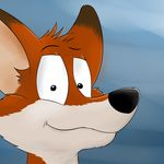  2014 anthro avatar black_eyes black_nose blue_background canine facial_markings fox fur headshot_portrait looking_at_viewer male mammal markings paintfox plain_background portrait red_fur smile white_sclera 