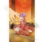  barefoot bowl bracelet closed_eyes fingers floral_print hands hat hat_removed headwear_removed japanese_clothes jewelry kijin_seija kimono kiss long_sleeves minigirl multiple_girls nail_polish needle obi purple_hair red_nails sash sitting sukuna_shinmyoumaru toropp touhou wariza wide_sleeves 