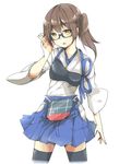  adjusting_eyewear bad_id bad_pixiv_id bespectacled brown_hair glasses hakama_skirt highres japanese_clothes kaga_(kantai_collection) kantai_collection muneate open_mouth side_ponytail skirt solo tasuki thighhighs tomo_futoshi yellow_eyes 