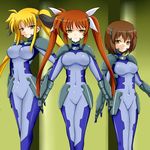  bad_end blonde_hair bodysuit brainwashing brown_hair corruption cosplay dark_persona ebako empty_eyes facial_mark fate_testarossa gauntlets hair_ornament highres long_hair looking_at_viewer lyrical_nanoha mahou_shoujo_lyrical_nanoha_strikers md5_mismatch multiple_girls numbers'_uniform red_hair short_hair takamachi_nanoha twintails very_long_hair x_hair_ornament yagami_hayate yellow_eyes 