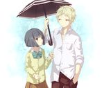  1girl black_hair blonde_hair holding holding_umbrella isshuukan_friends kiryuu_shougo sanatsu_(humoh) school_uniform shared_umbrella umbrella yamagishi_saki 