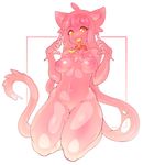  breasts cat chest_tuft collar feline female fur goo hair hi_res kneeling long_hair long_tail looking_at_viewer mammal navel nipples pink_nipples plain_background slime slugbox solo tongue tongue_out tuft white_background 