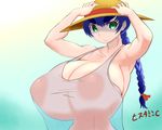  1girl areloae areolae blue_hair braid breasts female gigantic_breasts green_eyes hat histamine_c huge_areolae long_hair puffy_nipples see-through smile 