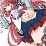  1girl akashi_(kantai_collection) crane dd_(ijigendd) from_below green_eyes hand_on_hip kantai_collection long_hair payot pink_hair ribbon-trimmed_legwear ribbon_trim school_uniform serafuku shoulder_armor side_slit sidelocks skirt smile solo thighhighs undershirt very_long_hair 