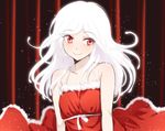  bad_id bad_twitter_id bare_shoulders blush dress halterneck long_hair mery_(apfl0515) monogatari_(series) red_dress red_eyes sengoku_nadeko smile solo upper_body white_hair 