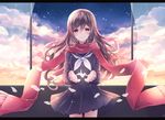  bad_id bad_pixiv_id brown_hair hair_ornament hairclip kabocha_torute kagerou_project long_hair origami paper_crane petals red_eyes red_scarf scarf school_uniform serafuku sky smile solo star_(sky) starry_sky tateyama_ayano 