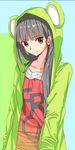  animal_costume bad_id bad_pixiv_id black_hair blue_eyes frog_costume hood hoodie long_hair looking_at_viewer original smile solo terebi_(shimizu1996) 