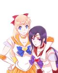  aino_minako arm_around_shoulder back_bow bishoujo_senshi_sailor_moon black_hair blonde_hair blue_eyes bow choker circlet dr.chopper_(dalryu00) earrings elbow_gloves friends gloves hair_bow heart hino_rei inner_senshi jewelry long_hair multiple_girls orange_choker orange_sailor_collar purple_eyes red_bow red_sailor_collar sailor_collar sailor_mars sailor_senshi sailor_senshi_uniform sailor_venus star star_choker super_sailor_mars super_sailor_venus white_background white_gloves 