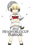  2014 2014_fifa_world_cup adidas alternate_costume blonde_hair blue_eyes crossed_arms english erica_hartmann germany grin highres looking_at_viewer midriff multicolored_hair navel rin_mokkomoko short_hair shorts smile soccer soccer_uniform solo sportswear strike_witches tail uniform white_background world_cup world_witches_series 
