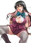  1girl black_hair blouse breasts brown_gloves cleavage commentary_request cover cover_page doujin_cover fang fingerless_gloves gloves grey_legwear hair_down hairband huge_breasts kantai_collection large_breasts long_hair looking_at_viewer multicolored_hair naganami_(kantai_collection) open_mouth pink_hair pleated_skirt remodel_(kantai_collection) shinozuka_jouji short_sleeves sitting skirt smile solo thighhighs two-tone_hair vest wavy_hair white_blouse white_hairband 