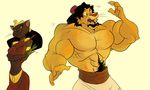  aladdin anthro biceps big_muscles black_hair cat clothing crown disney duo fangs feline female grin hair hat jewelry lion magic male mammal mirage muscles pants pecs plain_background pubes robes shenanigan surprise teeth topless transformation white_background 