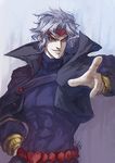  black_jacket cape dio_brando hideki jacket jojo_no_kimyou_na_bouken male_focus pointing red_eyes silver_hair solo 