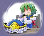  3: bow chair closed_eyes crown epaulettes frown green_hair hand_on_own_shoulder hat headwear_removed high_collar highres juliet_sleeves long_sleeves puffy_sleeves shaded_face shiki_eiki shinapuu short_hair sitting solo table touhou turn_pale 