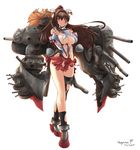  breasts brown_eyes brown_hair haganef highres kantai_collection large_breasts long_hair looking_at_viewer miniskirt simple_background skirt solo torn_clothes torn_umbrella umbrella white_hair yamato_(kantai_collection) 