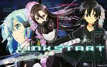  2boys absurdres aiming_at_viewer aqua_hair bangs character_name collarbone copyright_name dual_persona eyebrows_visible_through_hair fingerless_gloves floating_hair frown gloves green_eyes gun hair_between_eyes hair_ornament hairclip highres kirito kirito_(sao-ggo) long_hair long_sleeves looking_at_viewer magazine_scan multiple_boys newtype official_art outstretched_arm page_number parted_lips scan sinon sword_art_online text_focus weapon 