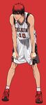  bad_id bad_pixiv_id basketball basketball_uniform clothes_writing full_body hands_on_own_knees kagami_taiga kuroko_no_basuke leaning_forward male_focus red_background red_eyes red_hair shoes simple_background smile sneakers socks solo sportswear toned toned_male tuna1812 