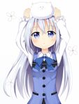  :o angora_rabbit animal animal_on_head blue_eyes blue_hair blush bunny bunny_on_head gochuumon_wa_usagi_desu_ka? kafuu_chino long_hair long_sleeves maccha on_head open_mouth rabbit_house_uniform ribbon tippy_(gochiusa) waitress 