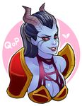  akasha_the_queen_of_pain blue_hair blue_skin breasts cleavage defense_of_the_ancients demon_girl demon_horns dota_2 greenmarine grin horns large_breasts lipstick long_hair makeup pauldrons ponytail red_eyes red_sclera smile solo 