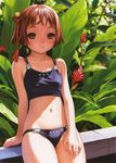  arm_support breasts brown_eyes brown_hair cowboy_shot hair_ornament highres looking_at_viewer midriff murata_renji navel scan short_hair small_breasts solo stomach swimsuit tankini 