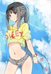  bad_id bad_pixiv_id black_hair blue_eyes breasts clothes_writing cloud cutoffs day denim denim_shorts eyewear_on_head groin innertube long_hair looking_at_viewer medium_breasts midriff navel original ponytail short_shorts shorts sky smile solo sunglasses terebi_(shimizu1996) 