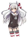  absurdres amatsukaze_(kantai_collection) brown_eyes dress garter_straps highres kantai_collection long_hair pororigenki sailor_collar sailor_dress short_dress silver_hair solo striped striped_legwear thighhighs two_side_up zettai_ryouiki 