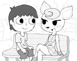  animal_crossing animated bench cervine deer dialog diana diana_(animal_crossing) female greyscale human male mammal monochrome nintendo park skirt sweat text unknown_artist video_games 