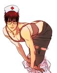  bad_id bad_pixiv_id bent_over black_legwear bra brown_hair crossdressing garter_straps glasses hands_on_own_knees hat jewelry kagami_taiga kuroko_no_basuke looking_at_viewer male_focus necklace nurse_cap red_eyes red_hair simple_background sketch skirt solo thighhighs toned toned_male tuna1812 underwear undressing white_background 