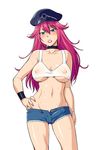  blue_shorts breasts bulge choker cutoffs denim denim_shorts erection erection_under_clothes final_fight hand_on_hip hat hinemosu_notari large_breasts long_hair midriff navel newhalf peaked_cap pink_hair poison_(final_fight) see-through short_shorts shorts simple_background solo street_fighter sweat underboob white_background 
