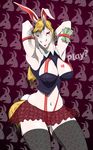  blonde_hair cleavage clothed clothing equine fake_animal_ears female hair horse invalid_tag legwear mammal nyonyo red_eyes skirt solo thigh_highs 