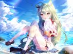  1girl :3 ahoge akashi_(azur_lane) animal_ears azur_lane bell black_bow black_sailor_collar bow cat_ears chinese_commentary choker commentary_request dress green_hair hair_between_eyes long_hair low-tied_long_hair mole mole_under_eye neck_bell ocean outdoors red_bow ribbon_choker sailor_collar sleeves_past_fingers sleeves_past_wrists timins torn_clothes white_dress 