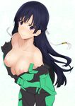  1girl bare_shoulders black_bodysuit black_hair bodysuit breasts green_bodysuit hair_ribbon kakumeiki_valvrave leaning_forward long_hair medium_breasts nipples off_shoulder purple_hair ribbon rukino_saki sketch smirk solo undressing 