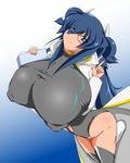  1girl blue_eyes blue_hair breasts female gigantic_breasts glasses kiti nipples puffy_nipples shiny smile standing 