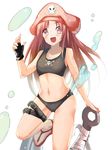  anchor blush breasts brown_eyes brown_hair fingerless_gloves gloves guilty_gear hachimitsu_(honey_xxxx) hat highres may_(guilty_gear) midriff navel open_mouth pink_hat pirate_hat sandals skull_and_crossbones small_breasts solo swimsuit tankini thigh_strap 
