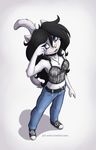  &lt;3 anthro belt bethany black_hair blue_eyes blush bra cat clothing collar feline female fur hair jay_naylor jeans long_hair long_tail looking_up mammal navel necklace open_mouth pants plain_background shoes solo stare underwear white_background white_fur 