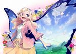  :d blonde_hair blue_eyes blue_sky blush butterfly_wings cardigan cherry_blossoms cloud commentary cowboy_shot day flower grass hair_flower hair_ornament hairband happy jacket long_hair meadow mountain open_clothes open_jacket open_mouth original petals pink_jacket plant skirt sky smile solo sunga2usagi sweater teeth wings 
