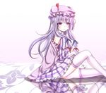  arm_support bad_id bad_pixiv_id bare_shoulders bow breasts double_bun dress hair_bow hat hat_ribbon hime_cut knee_up kyowosuke lavender_hair long_hair looking_at_viewer medium_breasts mob_cap on_floor parted_lips patchouli_knowledge purple_eyes reflection ribbon robe sidelocks simple_background sitting solo striped striped_dress thighhighs touhou white_background 