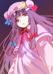  74_(teduka) blue_ribbon bow crescent crescent_hair_ornament from_below hair_ornament hat long_hair looking_at_viewer mob_cap parted_lips patchouli_knowledge purple_eyes purple_hair red_ribbon ribbon sketch solo touhou 
