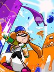  1girl de_blob female inkling mask nintendo orange_eyes orange_hair pointy_ears shorts splatoon super_soaker tentacle_hair water_gun 